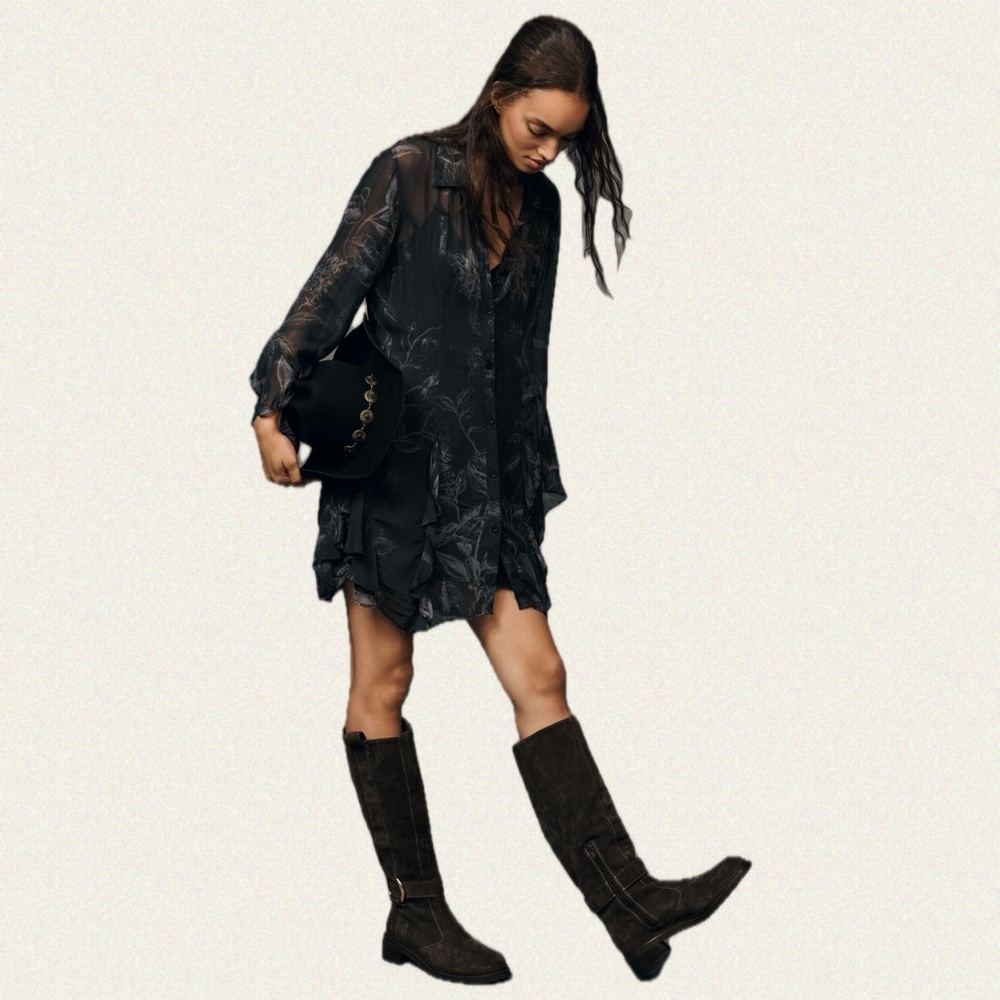 Anthropologie Long-Sleeve V-Neck Sheer Mini Dress - Picture 2 of 8